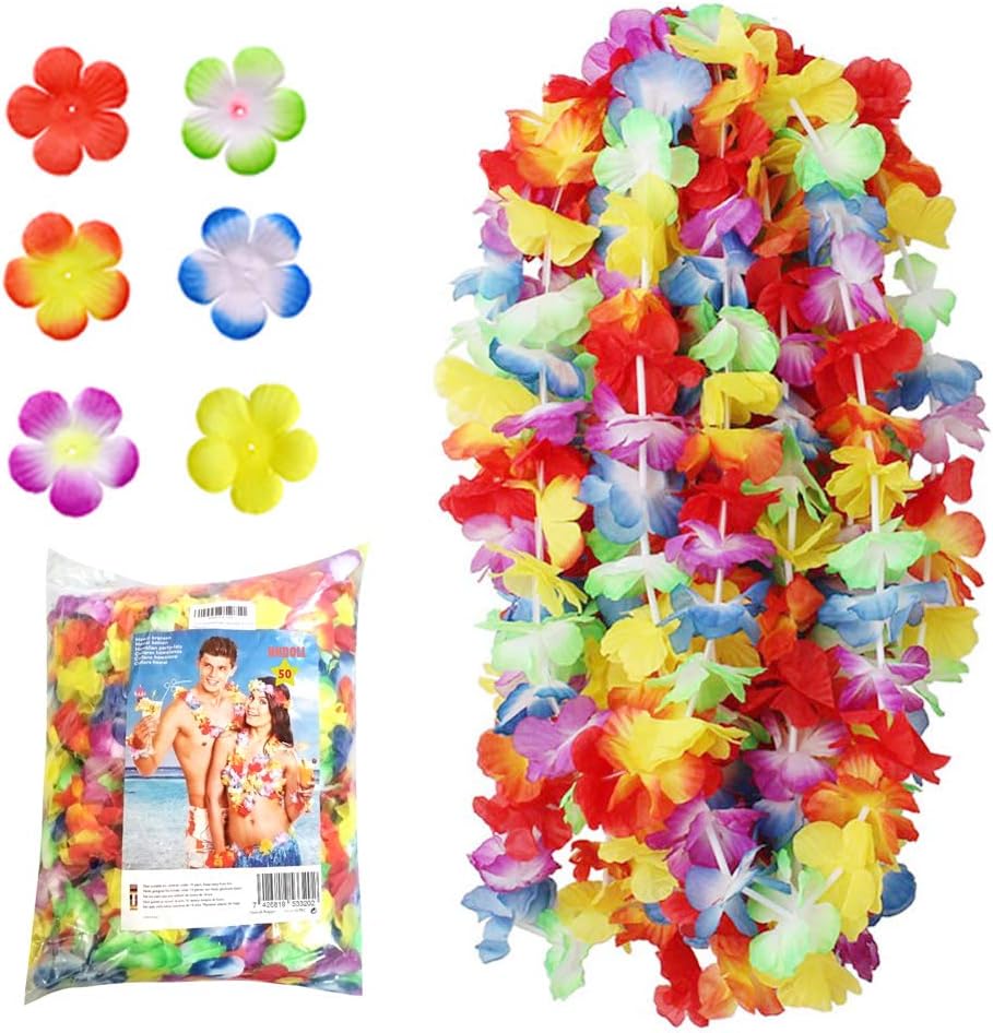 NNDOLL 50 pieces Hawaiian Tropical Flower Garlands Lei Garlands - Hawaii Flower Multi-colored garland