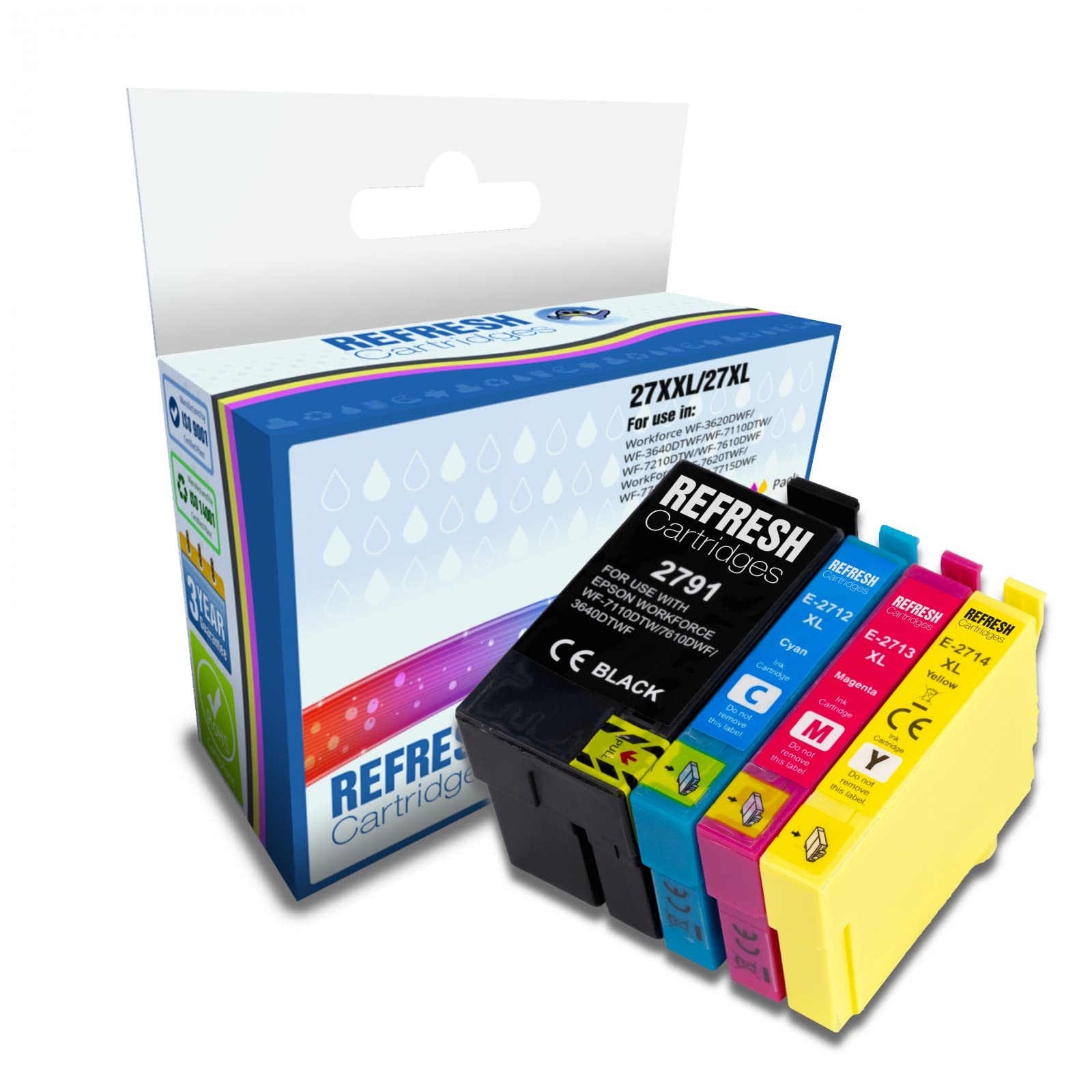 Refresh Cartridges Full set of 4 Remanufactured Ink Cartridge Replacements for Epson 27XXL / 27XL High Capacity (T2791 & T2715)