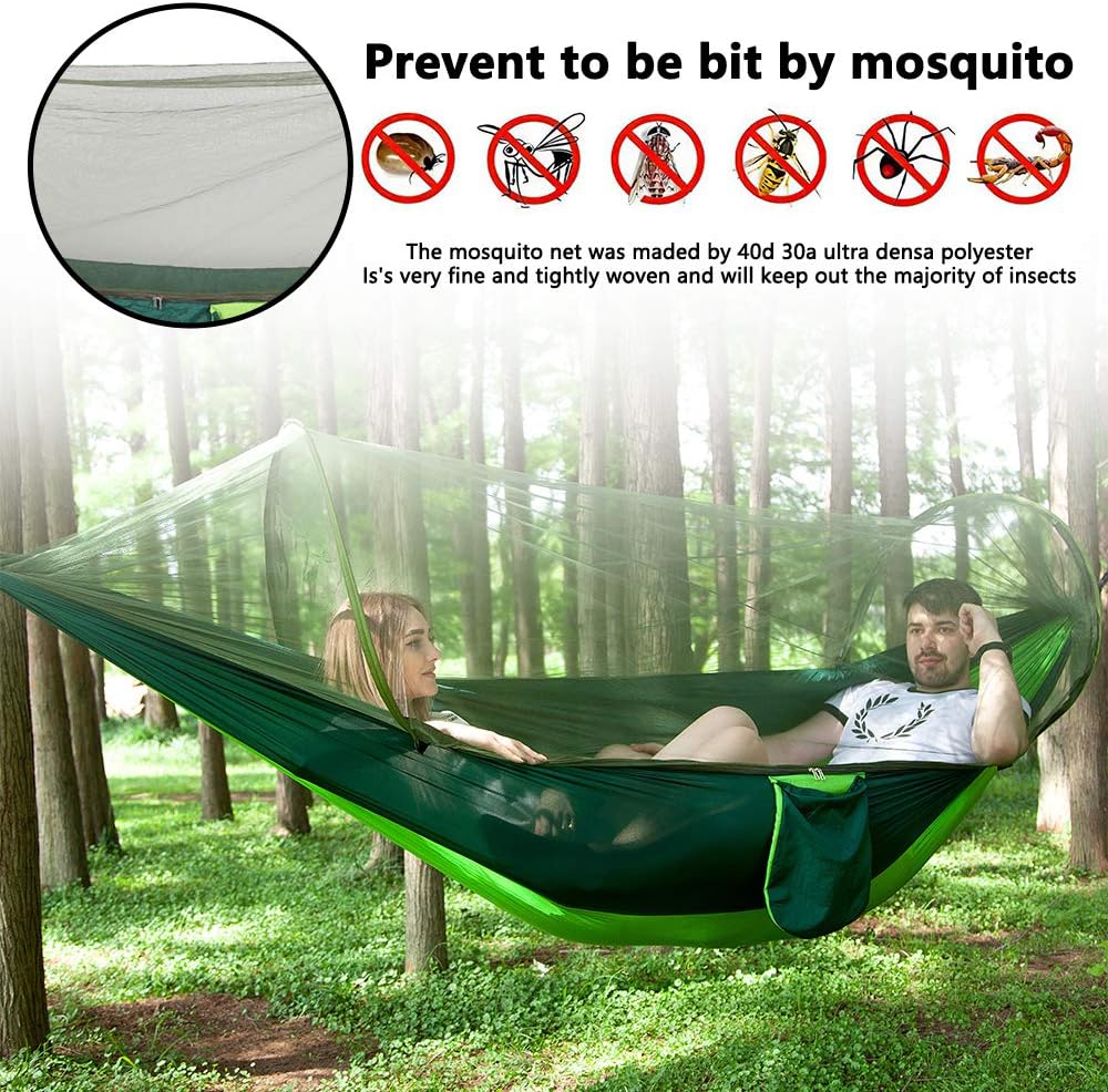 U/N Camping Hammock with Wide Lay Flat and Mosquito Net, Safe and Cozy, Durable Parachute Nylon Hanging Tent with Tree Straps, Portable Hammock for Outdoor, Indoor, Blue/Green: Sports & Outdoors