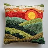 Latch Hook Pillow Kit Sunrise Over Green Hills 43x43cm-2 | Printed Canvas Pillow Cover Already Sewed DIY Embroidery Pillowcase Crochet Yarn Hooking Craft Set for Hobby and Home Decor
