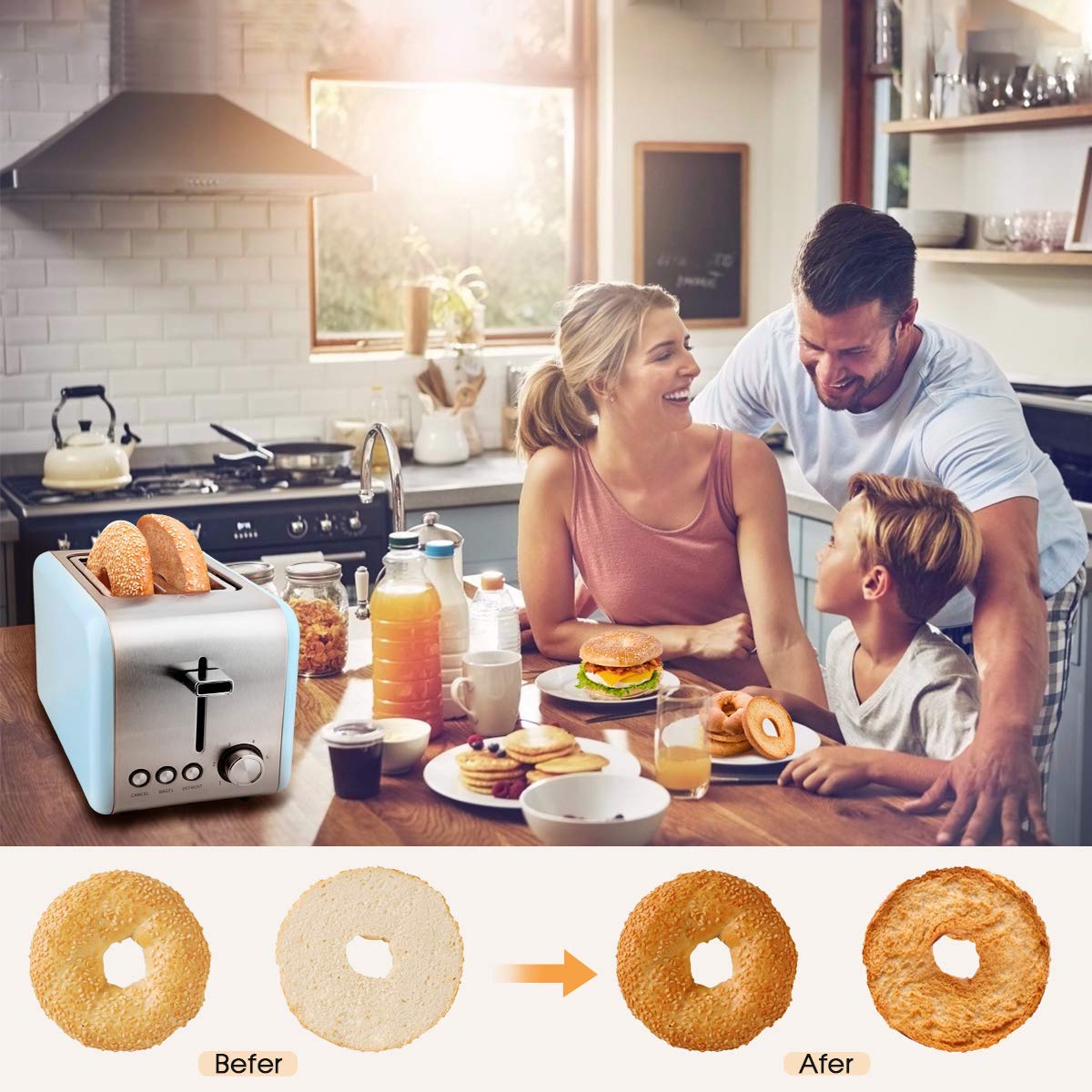 MKG 2 Slice Toaster, Stainless Steel Bagel Toaster with Extra Wide Slots, 6 Shade Settings, Bagel/Defrost/Cancel Function, Removable Crumb Tray, High Lift Lever, Blue