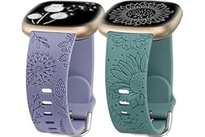 Minyee 2 Packs Floral Engraved Band Compatible with Fitbit Versa 4/Versa 3/Sense 2/Sense Band Women, Cute Silicone Dandelion Sunflower Design Soft Sport Fancy Summer Strap for Versa 4