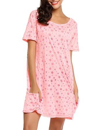 ADOME Damen Nachthemd Sleepswear O-Ausschnitt Kurzarm Star Print Nachtwäsche Nachtkleid Casual mit Tasche