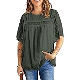 Falechay Womens Tops Summer Blouses For Women Dressy Casual Cute Chiffon Crewneck Half Ruffle Sleeve Swiss Dot Shirts 2024