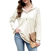 Quatrefox Womens Hoodies Waffle Knit Sweatshirts Lace Long Sleeve Pullover Casual Button Blouses Winter Fall Clothes