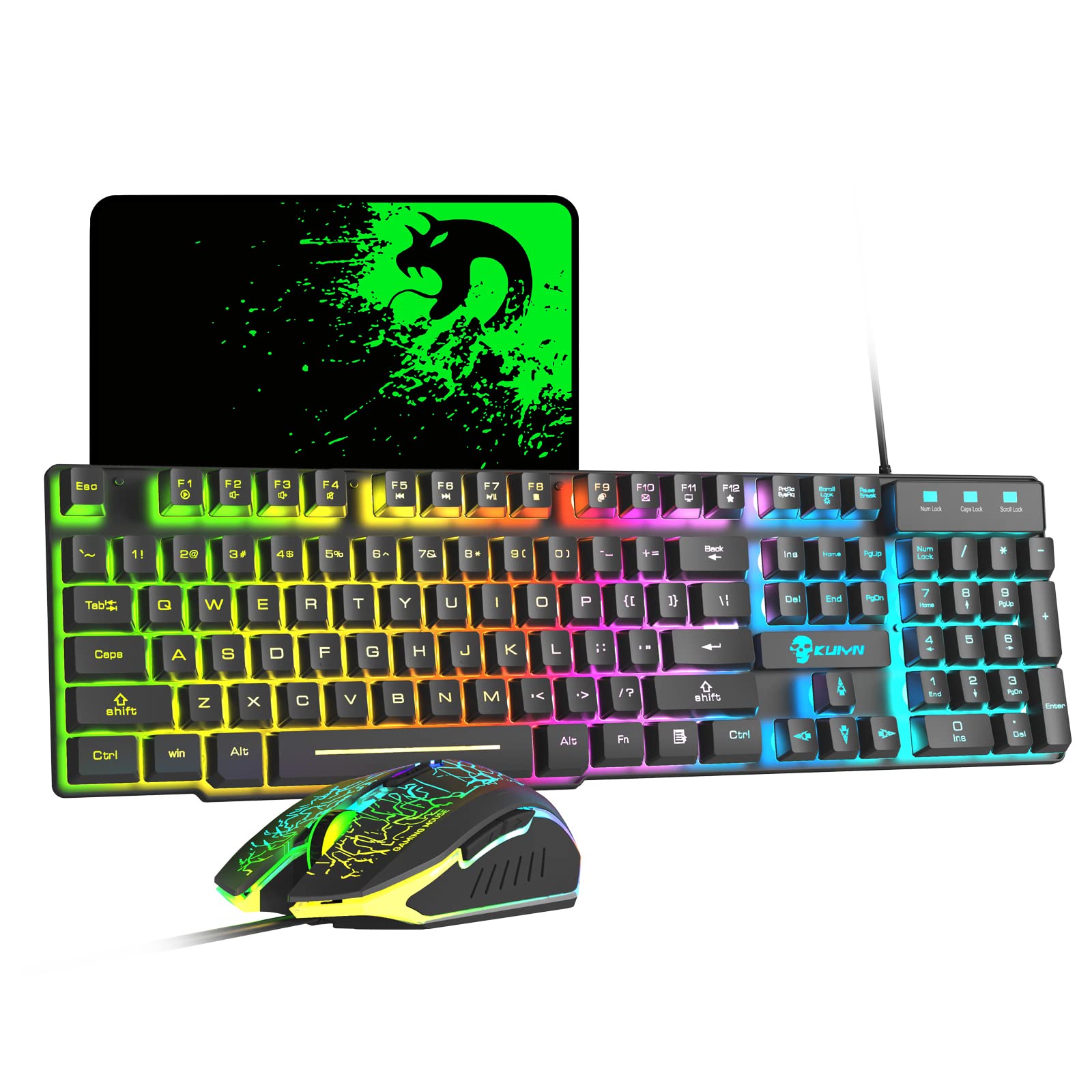 US Layout Gaming Keyboard and Mouse Set 12 RGB Lllumination Mode 104 Keys Full Anti-Ghosting Light up Keyboard 2400 DPI 6 Button USB Optical Game Mouse Mousepad Compatible for PS4 Xbox PC Laptop Black