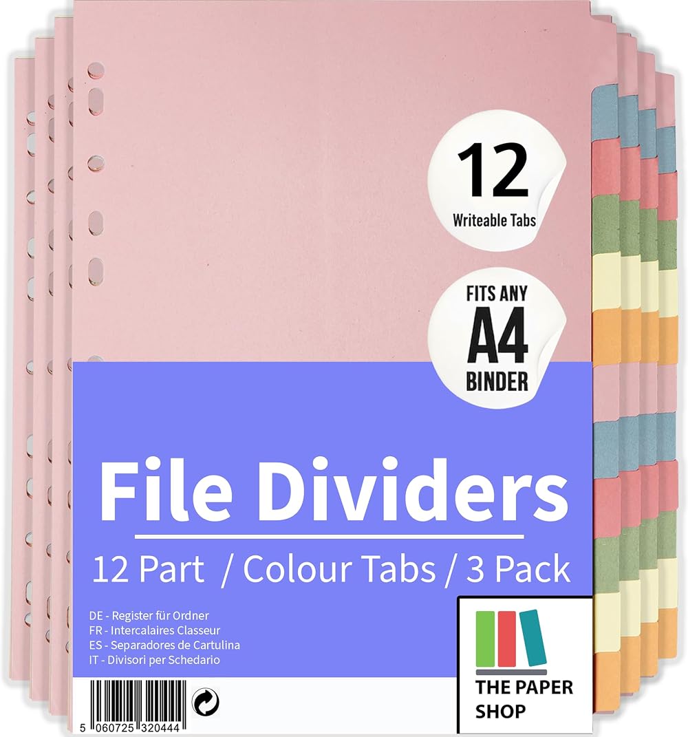The Paper Shop File Dividers A4 12 Part 3 Pack Writable Coloured Tabs