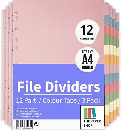 The Paper Shop File Dividers A4 12 Part 3 Pack Writable Coloured Tabs