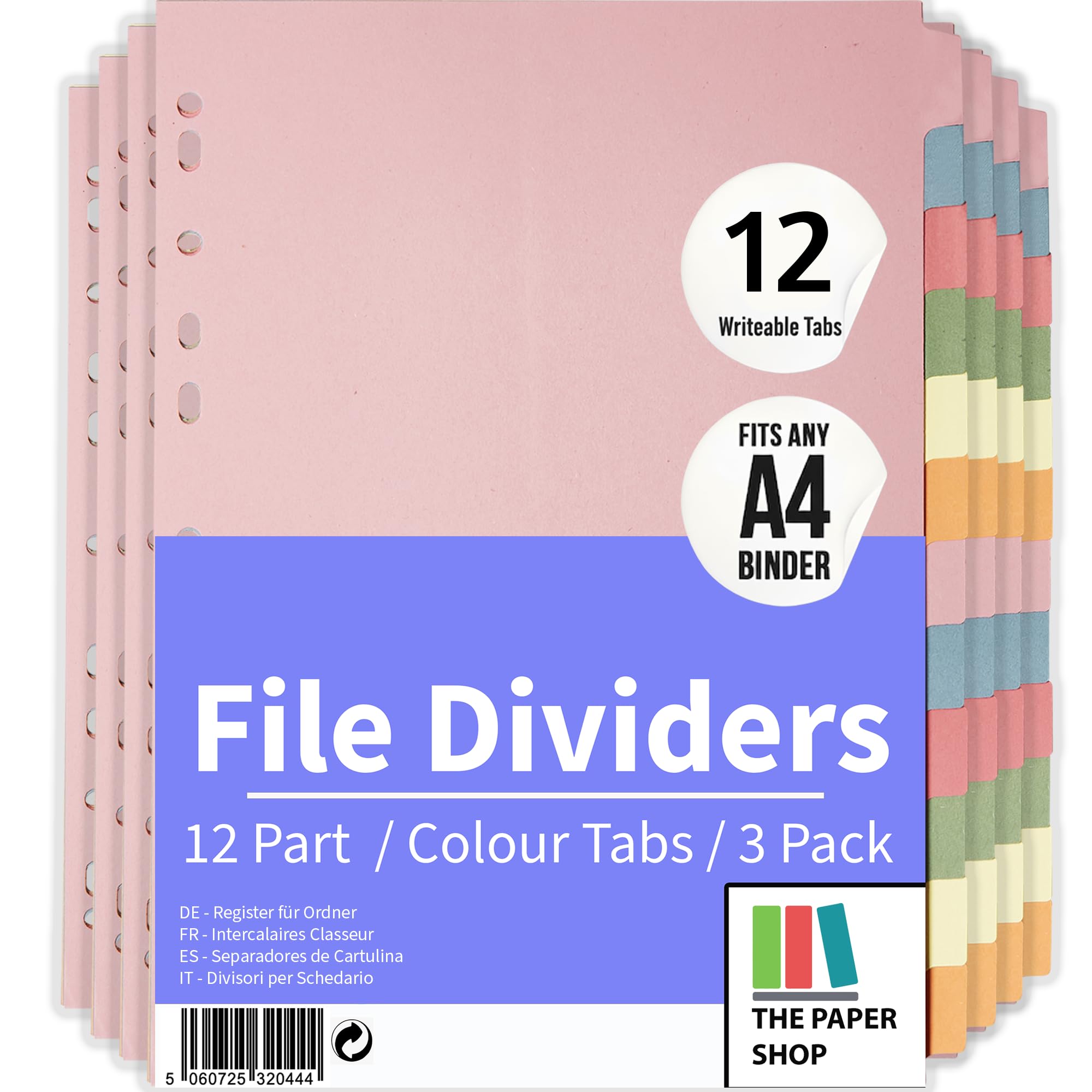 File Dividers A4, 12 Part Folder Dividers for Ring Binders & Lever Arch Files (3 Pack) Binder and Subject Dividers with Writeable Coloured Index Tabs - The Paper Shop