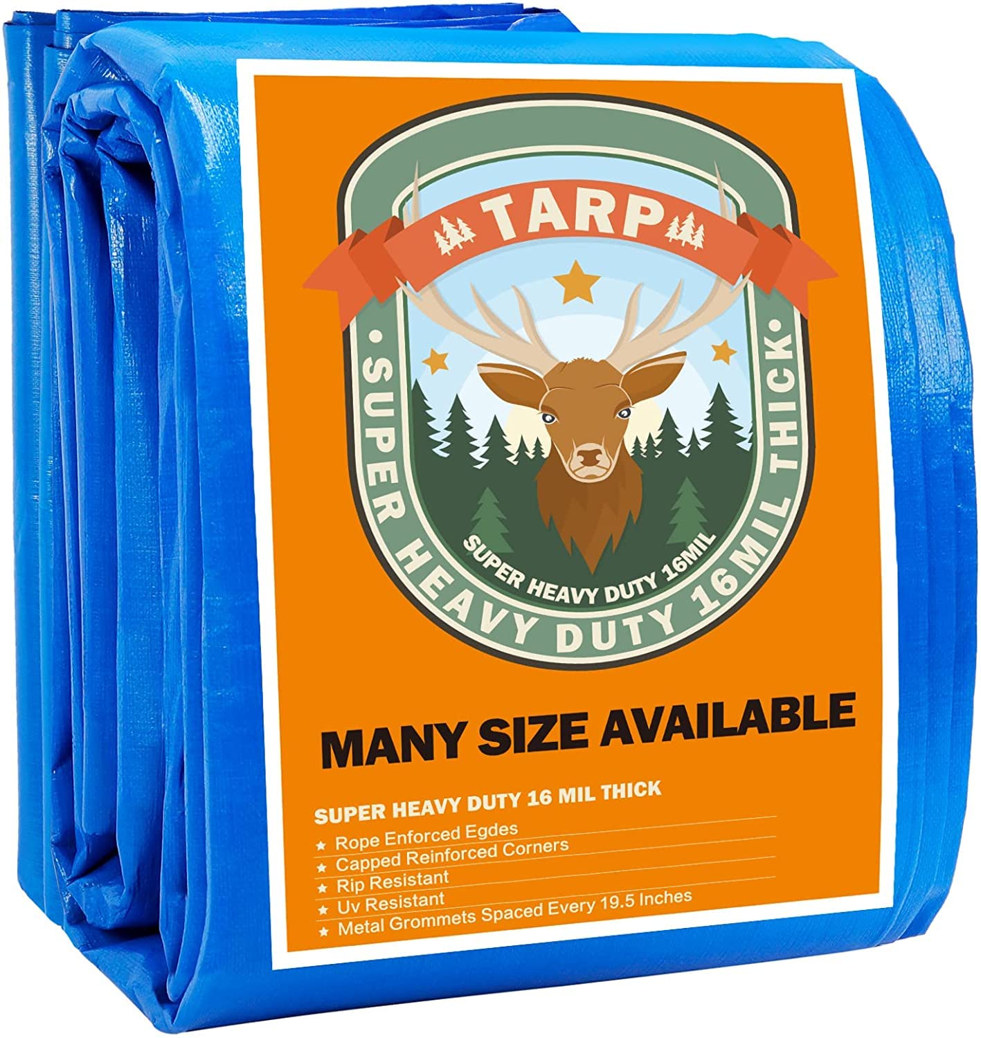 Large Tarp, Tarps Heavy Duty Waterproof 30x30, Waterproof Plastic Poly 16 Mil Thick Tarpaulin with Metal Grommets Every 19.5 Inches - Emergency Rain Shelter, Outdoor Cover, and Camping Use Image