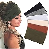 TuTive 6 Packs Wide Headbands for Women Stretch Headband Boho Women's Hair Band Turban Girls Accessories Non Slip Sports Headbands for Women（Black, Coffee, Dark Gray, Light Gray, Beige, Army green）
