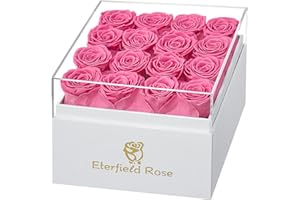 Eterfield Forever Flowers Preserved Roses Real Roses That Last Over a Year Rose Box Gifts for Her Mothers Day Valentines Day Christmas (Square White Box, 16 Pink Roses)