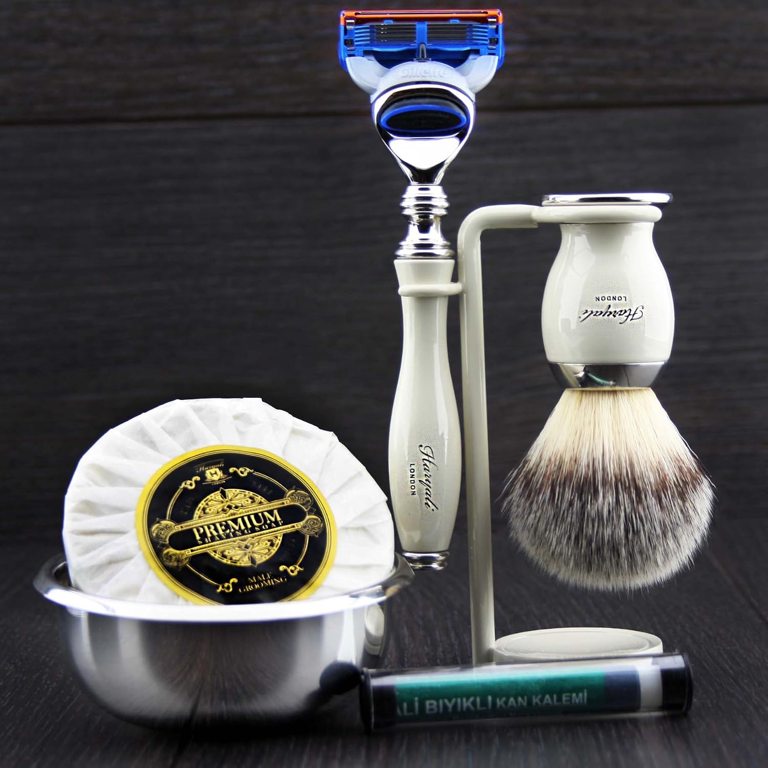 Haryali London 6 Pc Mens Shaving Kit 5 Edge Shaving Razor with Synthetic Badger Hair Brush, Stand, Soap - Image 3