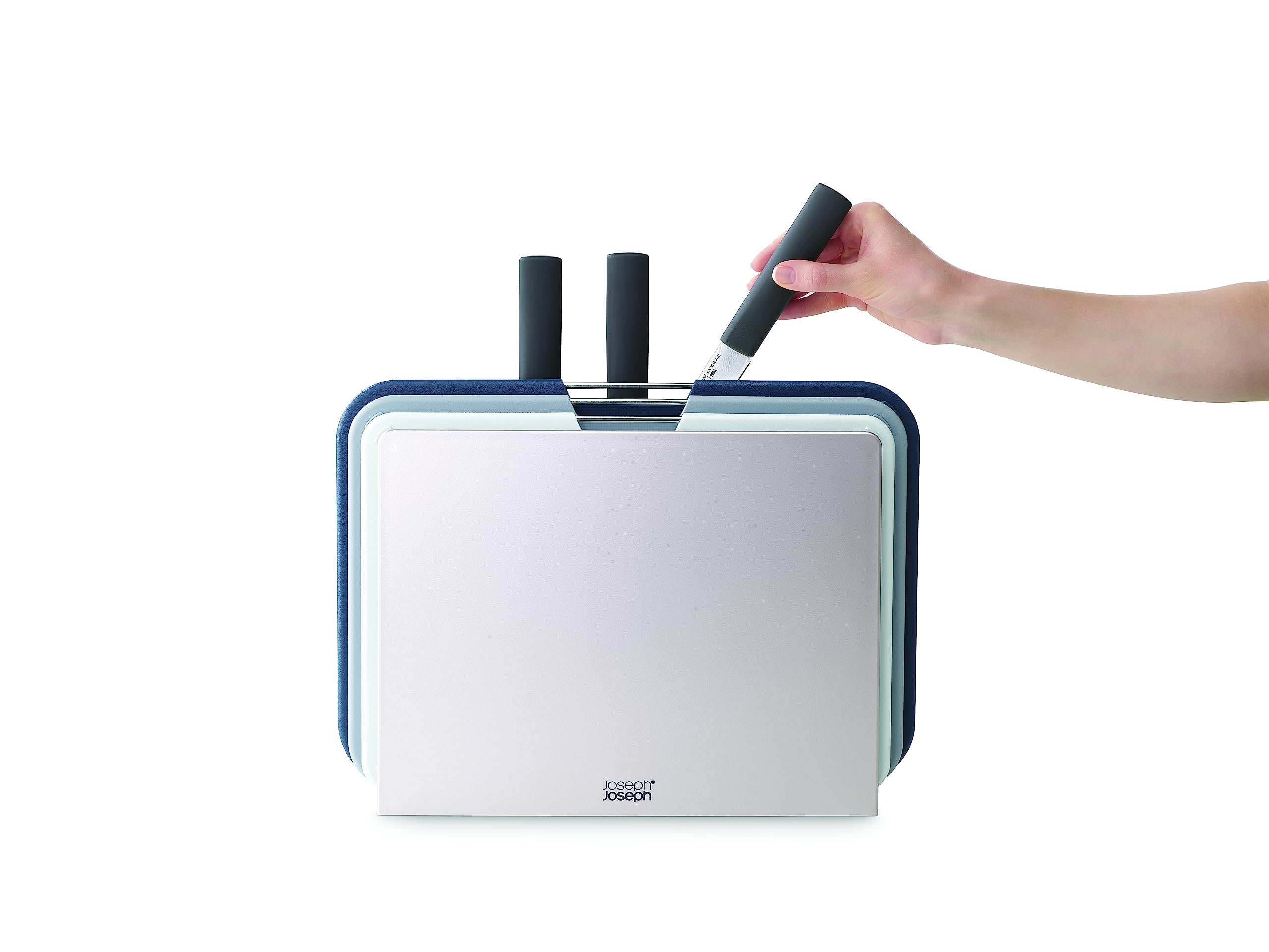 Joseph Joseph Nest 6 Piece Knife and Chopping Board Set, Stainless steel Kitchen knives and colour coded boards in compact storage stand, Grey