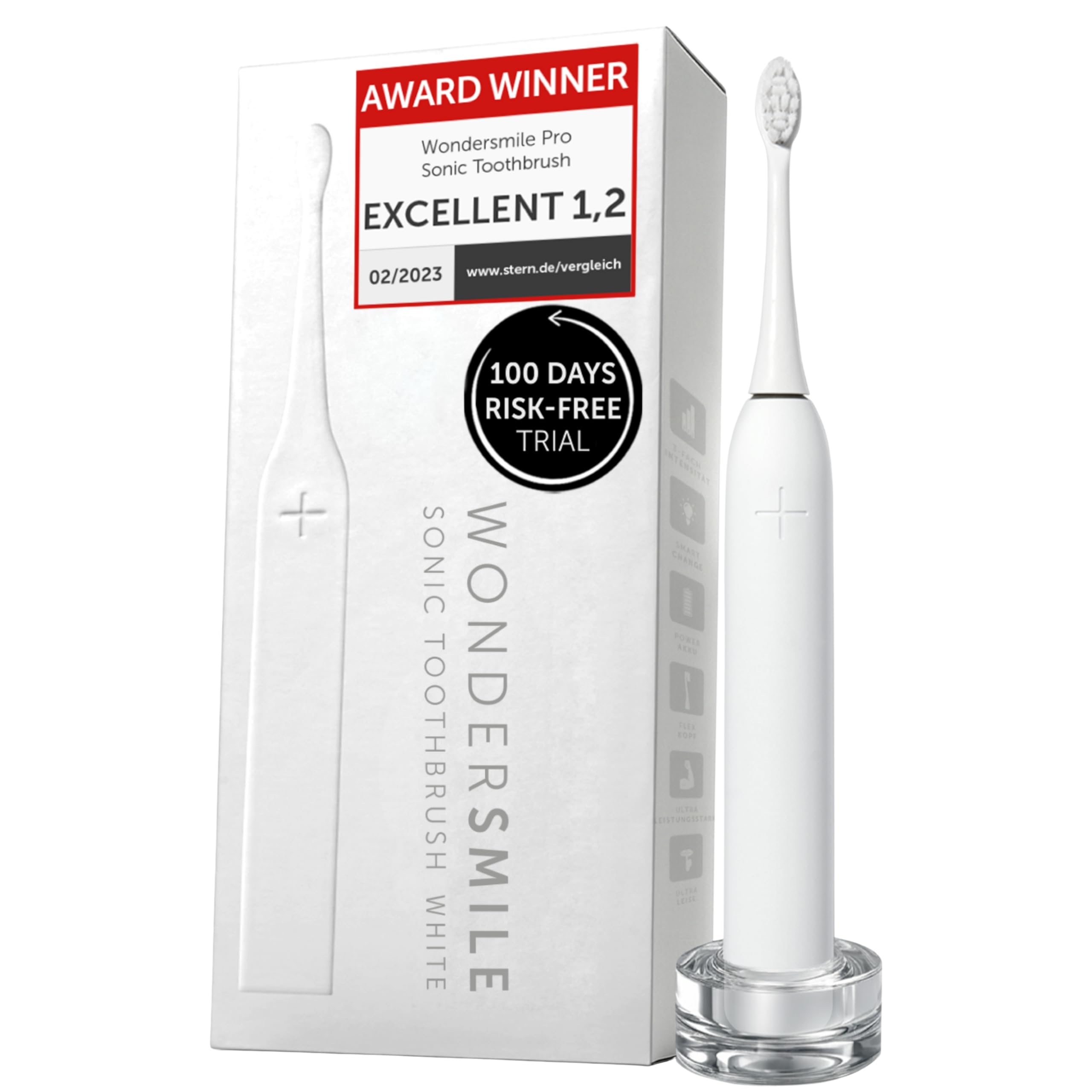 WonderSmile Sonic Toothbrush Pro - Award Winner 2026* - Electric Toothbrush 100-Day Risk-Free Test - IPX8, 4 Modes - TÜV SÜD Certified - with Charging Station & 60-Day Power Battery (All White)