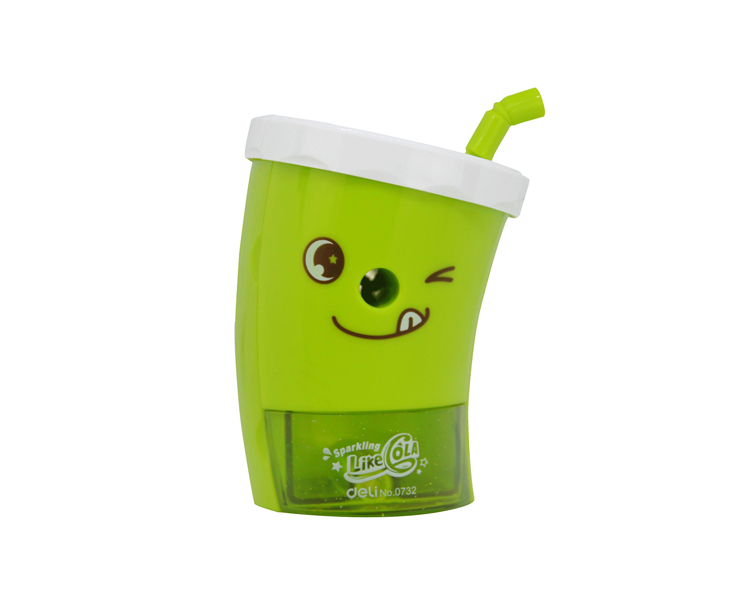 Emartbuy Cola Cup Pencil Sharpener – Fun Drink Cup Shape with Smooth Sharpening Action for School & Office - Green Smile
