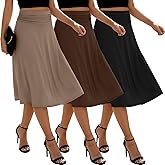 Baggyfly 3 Pack Womens Midi Skirts Flowy Lightweight Knee Length Casual Elastic Waist Modest Flared Skirts Trendy Summer