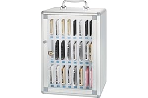 Glosen 24 Slots Cell Phone Locker, Portable Phone Storage Cabinet [Wall Mounted] [Aluminum Alloy] Cellphone Lock Box with Key & Handle for School Classroom Office Exam (Silver)