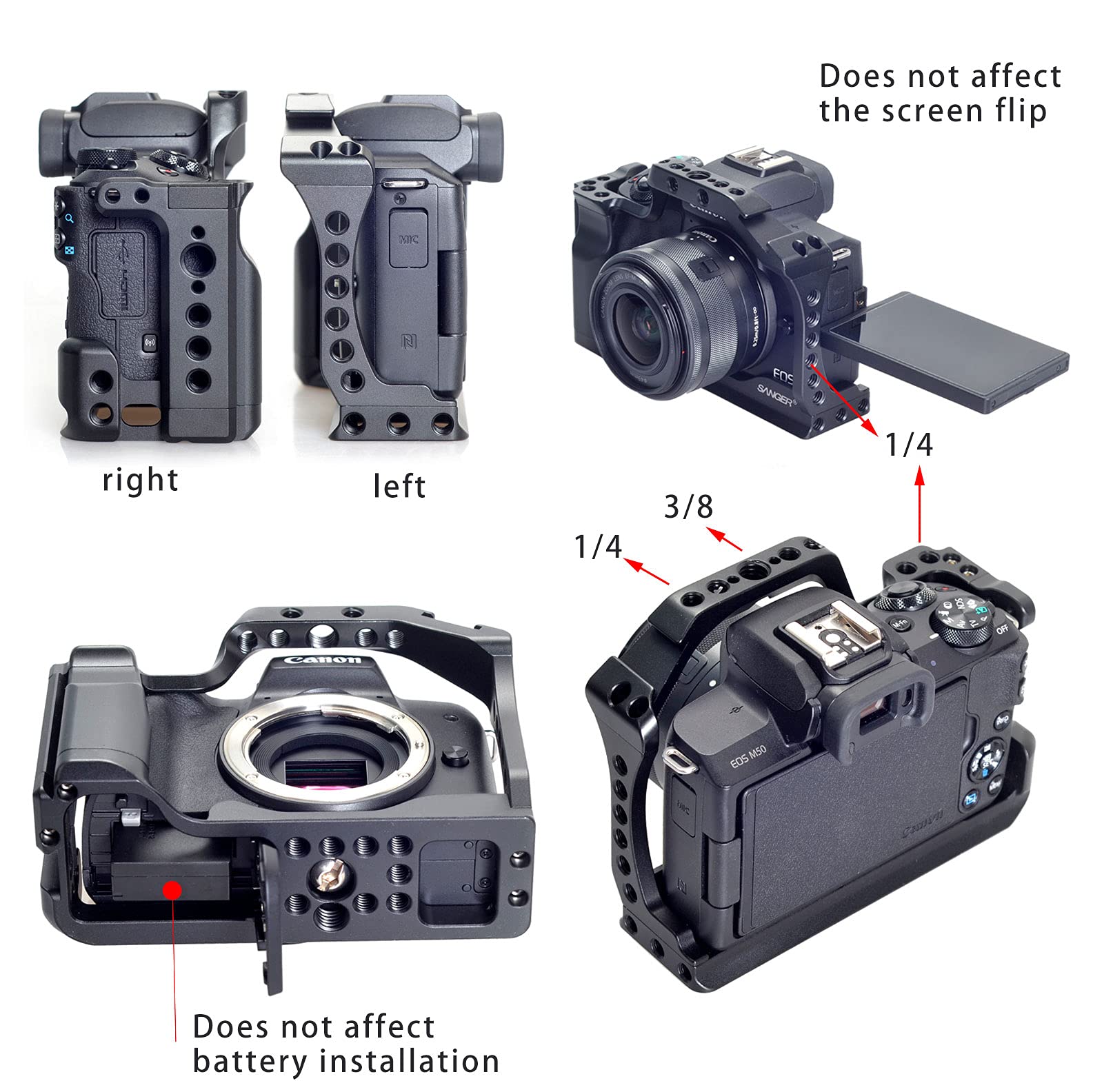 Hersmay EOS M50 Mark II Camera Cage for Canon EOS M50II M50 M5 Mirrorless Vlogging Camera Kit with Cold Shoe,Handle Locating Holes,Multiple 1/4