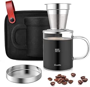 Pour Over Coffee Maker Set for Travel/Camping/Hiking, Single Cup, Stainless Steel Coffee Filter, 14 Oz Borosilicate Glass Mug, Extra Permanent Lid and Moulded Neoprene Case, at Home/Office