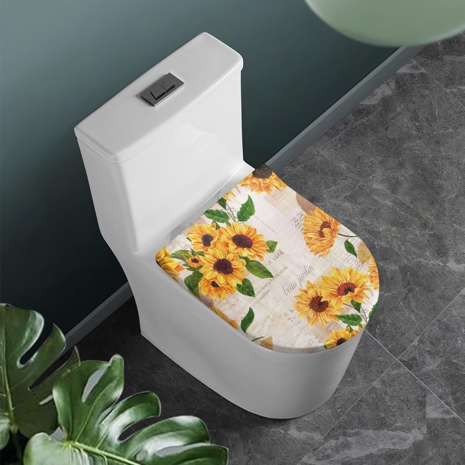 COEQINE Sunflower Toiletry Lid Covers Washable Bathroom Beige Floral Toilet Lid Cover with Elastic Non Slip for Home Decoration