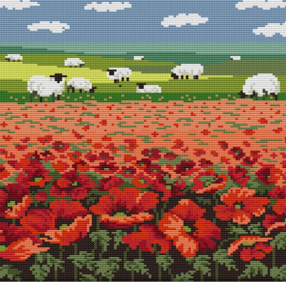 Arione Stamped Cross Stitch Kits for Adults Beginners Pre Printed Stamped Embroidery Tapestry Kit Poppies and Sheep (11 Count Kit) 44x44cm.