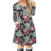 VISLILY Women's Plus Size Christmas Print Casual Swing T-Shirt Dress with Pockets