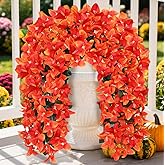 Faux Bougainvillea Artificial Fall Flowers for Outdoors, 2 Pcs Fake Fall Flowers Artificial for Decoration, Artificial Hanging Flowers UV Resistant Silk Flowers for Outside Planter Porch Patio