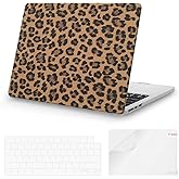 iCasso Compatible with MacBook Air 13 inch Case 2025 2024-2022 M4 A3240 M3 A3113 M2 A2681, Texture Leopard Leather Hard Shell Protective Case+Keyboard Cover for MacBook Air 13.6 inch (Brown)