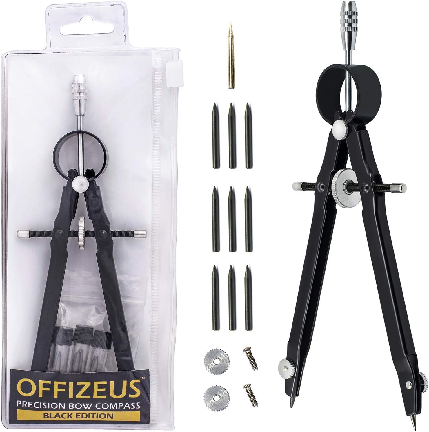 Offizeus Professional Compass for Geometry with Extra Lead Refills - Makes 10 Inch Circle - Math Compass, Drawing Compass - Metal Precision Bow Compass with Lock - for Drafting, School, Woodworking