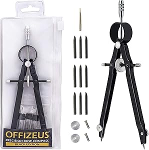 Offizeus Professional Compass for Geometry with Extra Lead Refills - Makes 10 Inch Circle - Math Compass, Drawing Compass - Metal Precision Bow Compass with Lock - for Drafting, School, Woodworking