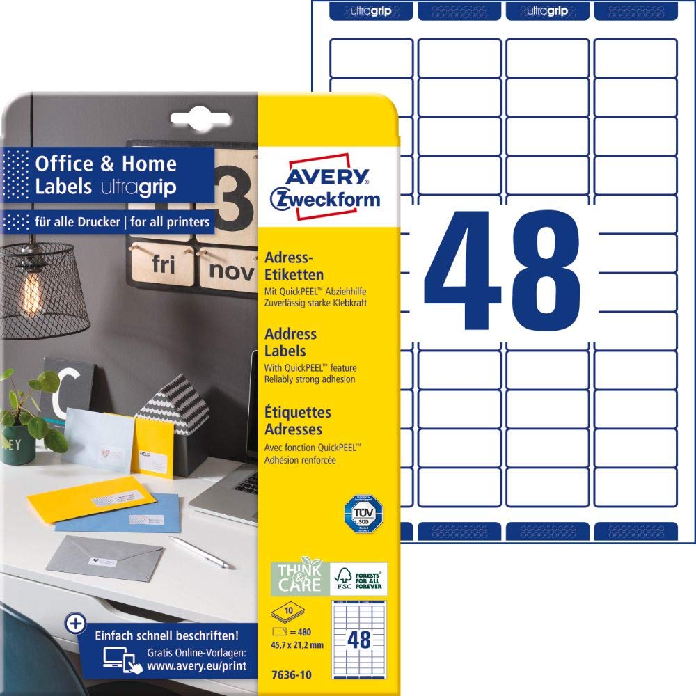 Avery Zweckform 7636-10 Address Labels (480 Labels with Ultra Grip, 45.7 x 21.2 mm on A4, Printable, Self-Adhesive, for Return Labels, Ideal for Home Office) 10 Sheets White
