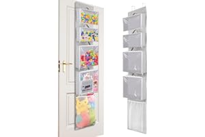Woodoulogy Hanging Toy Storage over Door, Block Stuffed Animal Organizer Idea with 4 Removable Case Bag, Bi-Fold Closet Holder with Mesh Pocket for Kid Boy Girl