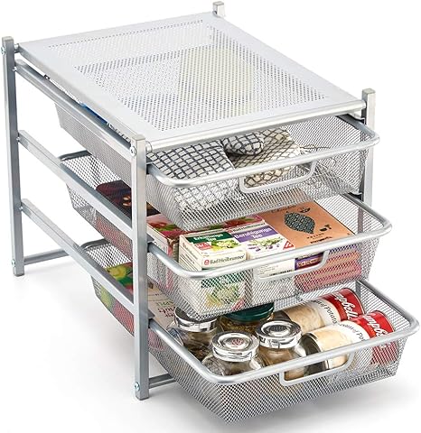 Ezoware 3 Tier Organizer Cabinet Mesh Sliding Drawer For Bathroom