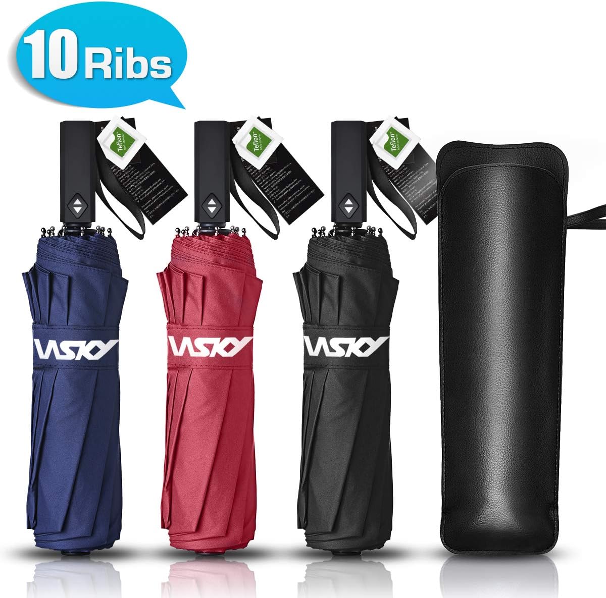 Wsky Windproof Umbrella for Travel, New Updated Comfortable Square Handle, 10 Reinforced Fiberglass Ribs with Teflon Canopy, Auto Open & Close