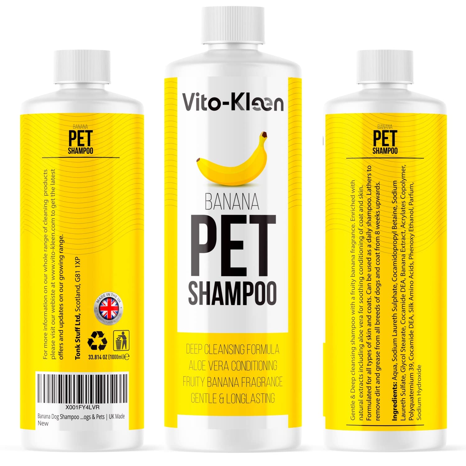 Dog Shampoo 1 Litre Long Lasting Fresh Scent with Aloe Vera Conditioning, PH Balanced, Concentrated 20:1, Odour Control for Smelly Dogs, Sensitive Skin & Puppy Friendly UK Made by Vito-Kleen (Banana)