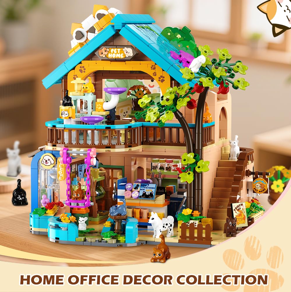 INSOON City Haustierladen Bauspielzeug mit Lichtern, Haustierhaus Klemmbausteine Spielzeug mit Katzen Hunden Kaninchen, 1431 Stück Tierladen Modell für Erwachsene Kinder Jungen Mädchen ab 10-12+ 3