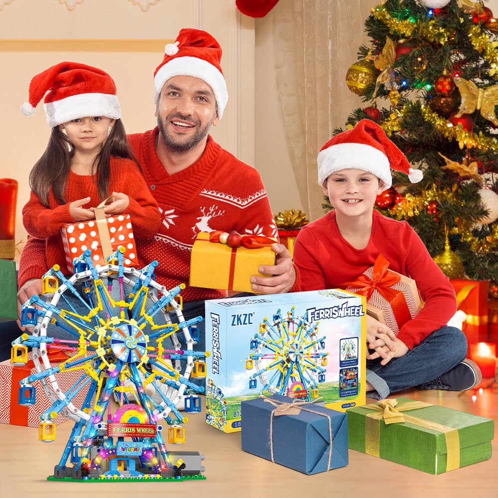 Rotating Ferris Wheel Building Blocks Set - 813 Pcs Carnival Amusement Park Toy With Lights & Motor