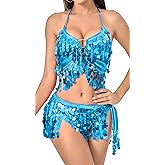 FEOYA Women's 2 Pcs Belly Dance Dress Sequins Tassel Hip Scarf with Halter Bra Top Set Latin Dance Halloween Costumes