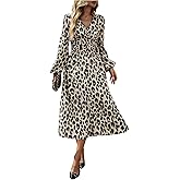Floerns Women's Elegant Leopard Dress Wrap V Neck Long Sleeve Party A Line Long Dress