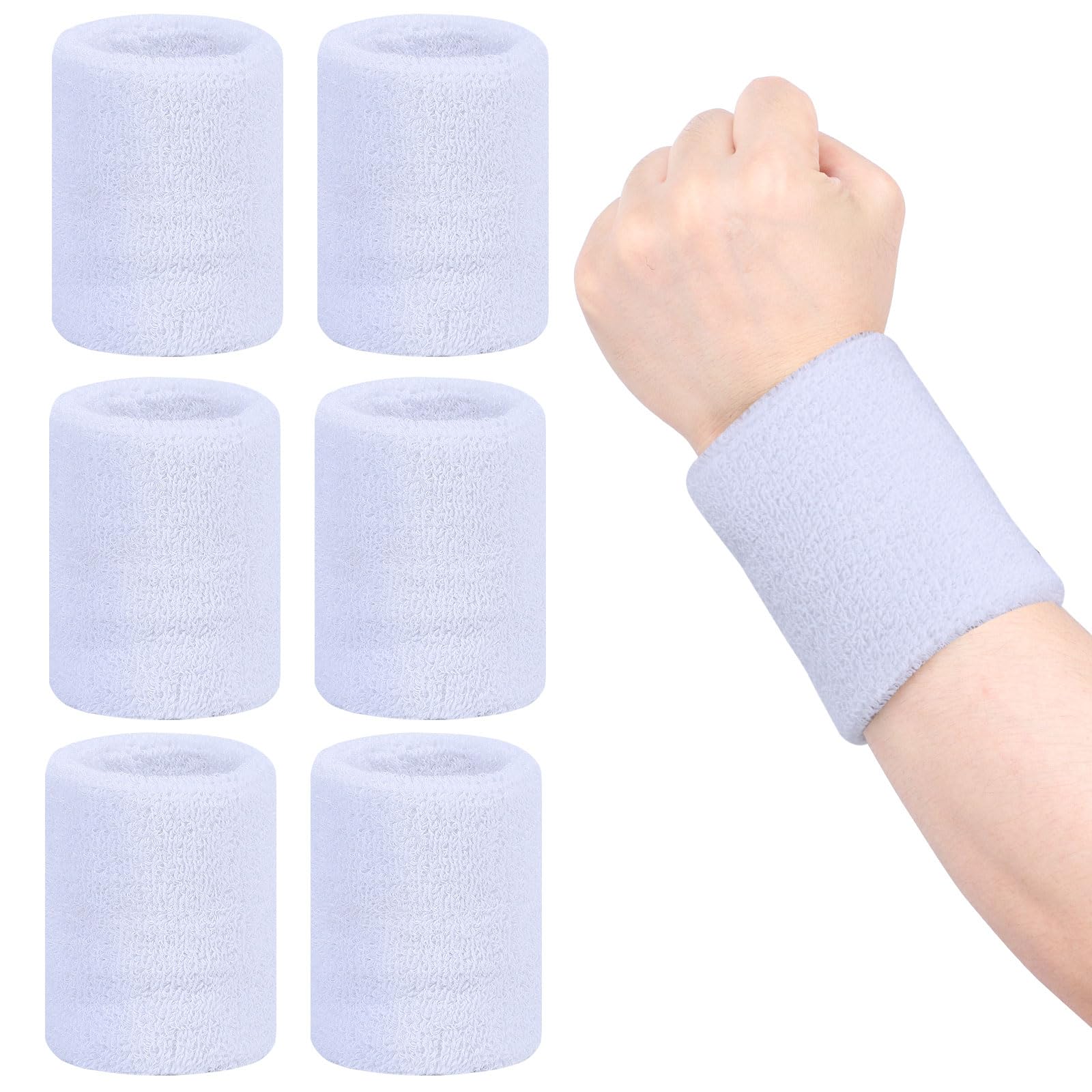 6 PCS Sweat Bands Wristbands, Unisex Super Absorbent Sweatband Elastic Sport Wrist Sweat Bands, Reusable Wristbands for Exercise, Tennis, Running, Basketball (6PCS-White)