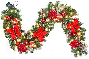 VOFULY 6ft red & Gold Christmas Garland with Lights for Front Door,Lighted Winter Mantle,Fireplace and Stairs Decor- 20 Timer LEDs,prelit Christmas Garland with Sparkles Ornament and Hydrangea Floral Charm