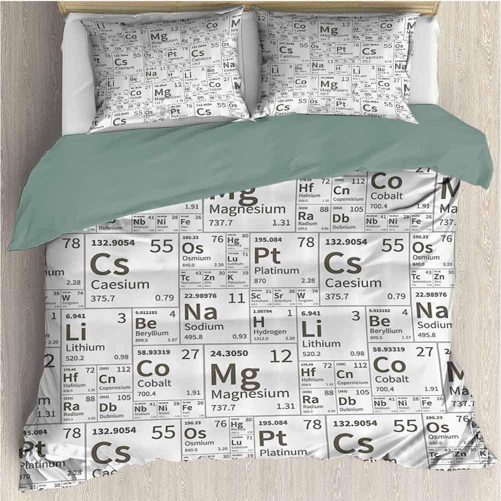 Waynekeysl Periodic Table Duvet Cover Set, School Life Smart Kids Inspired Chemisty with Elements in Squares, Decorative 3 Piece Bedding Set with 2 Pillow Shams, King Size, Army Green