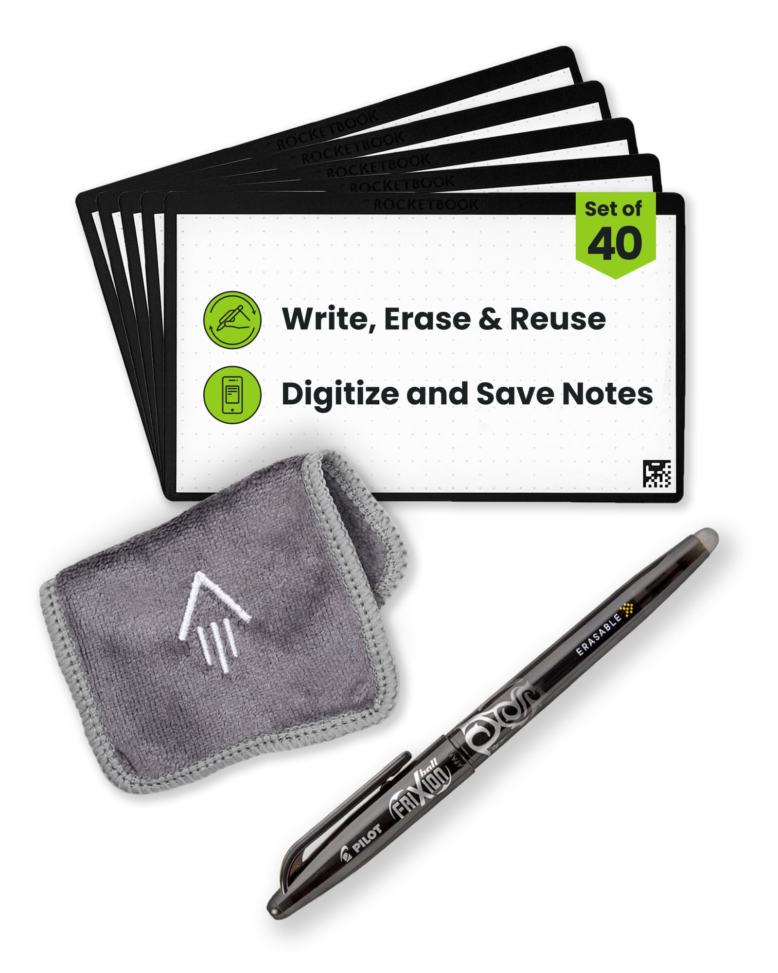 ROCKETBOOK Cloud Cards - Eco-Friendly Reusable Index Note Cards with 1 Pilot FriXion ColorStick Pen & 1 Microfiber Cloth Included - Single Set of 40