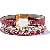 FANCY SHINY Crystal Beaded Leather Wrap Bracelet Stackable Boho Jewelry for Women Resin Stone Bangle Cuff with Magnetic Clasp