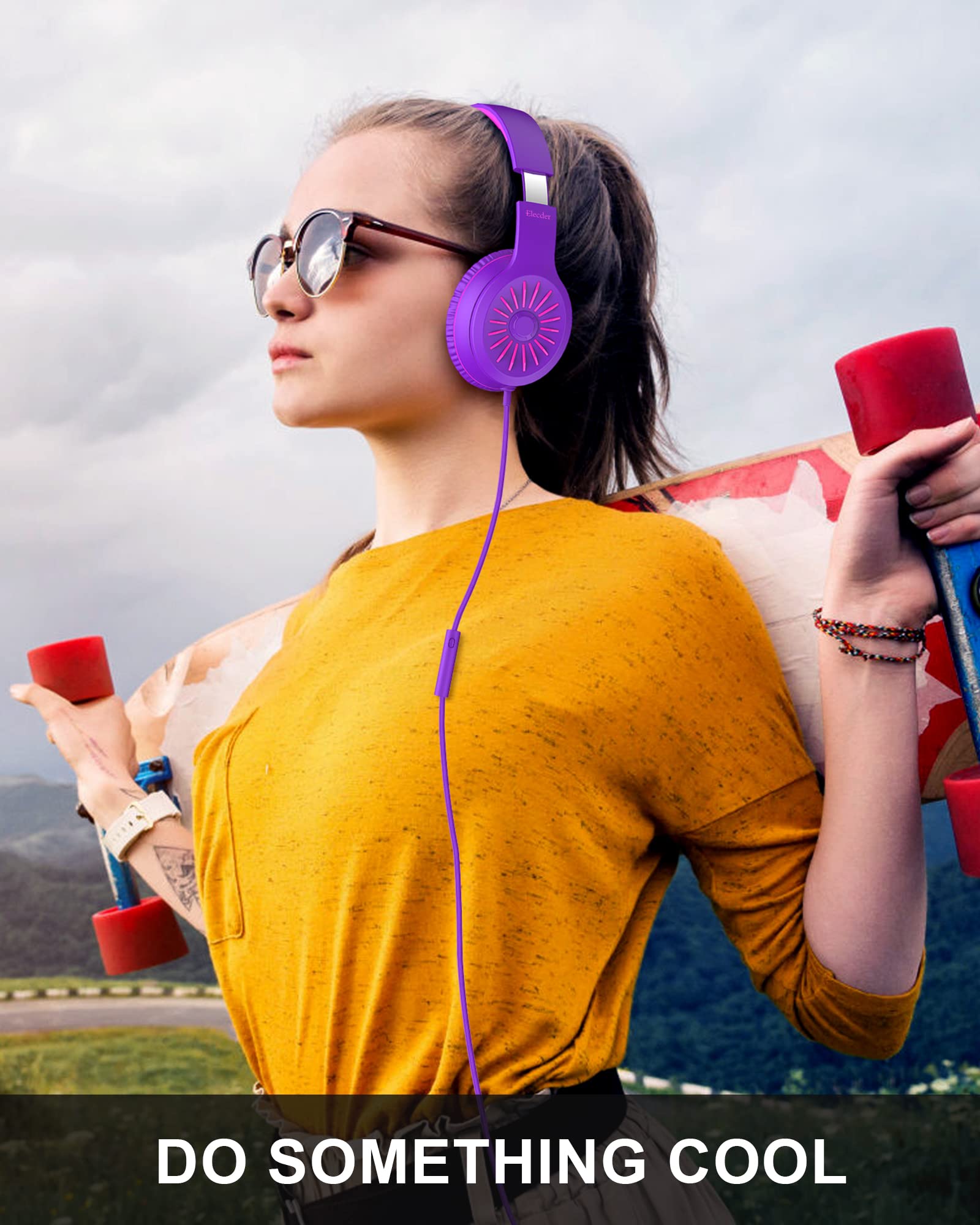 ELECDER i45 Headphones Wired, On-Ear Headphones with Microphone, Foldable Stereo Bass, 1.5M No-Tangle Cord, Portable 3.5MM Headset for School Kids Teens Smartphones Computer PC Tablet Travel, Purple