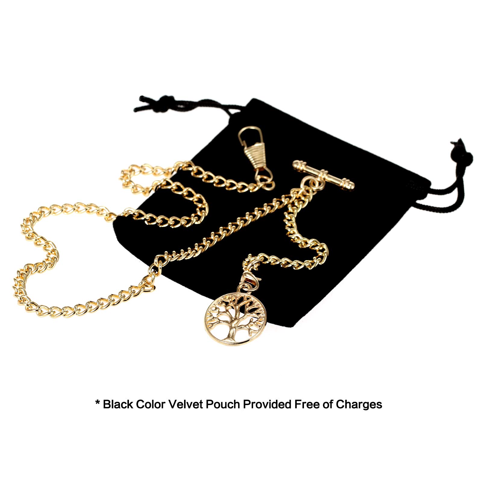 Men's Albert Chain Pocket Watch Curb Link Key Chain 2 Hooks with Antique Life Tree Pendant Design Charm Fob T Bar