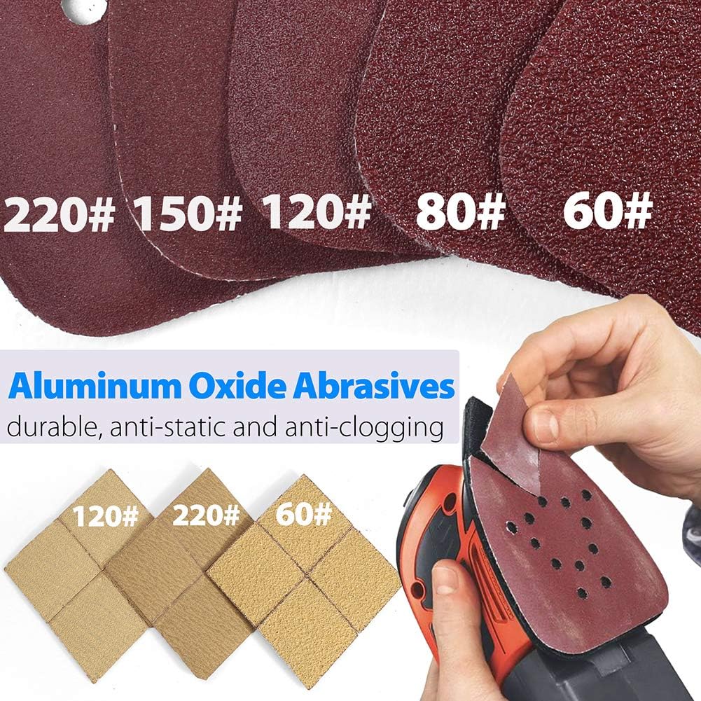Sanding Sheets for Black and Decker Mouse Sanders, 50PCS 60 80 120 150 220 Grit Sandpaper Assortment with Extra Tips for Replacement, 12 Holes Hook and Loop Detail Sander Sanding Pads Sand Paper - - 