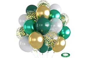 TOGVU Balloons Green Gold White, 35pcs Dark Green White Metallic Chrome Green Gold Confetti Latex Balloons, Green Party Balloons Kit for Jungle Safari Dinosaur Birthday Party Wedding Baby Shower Decorations