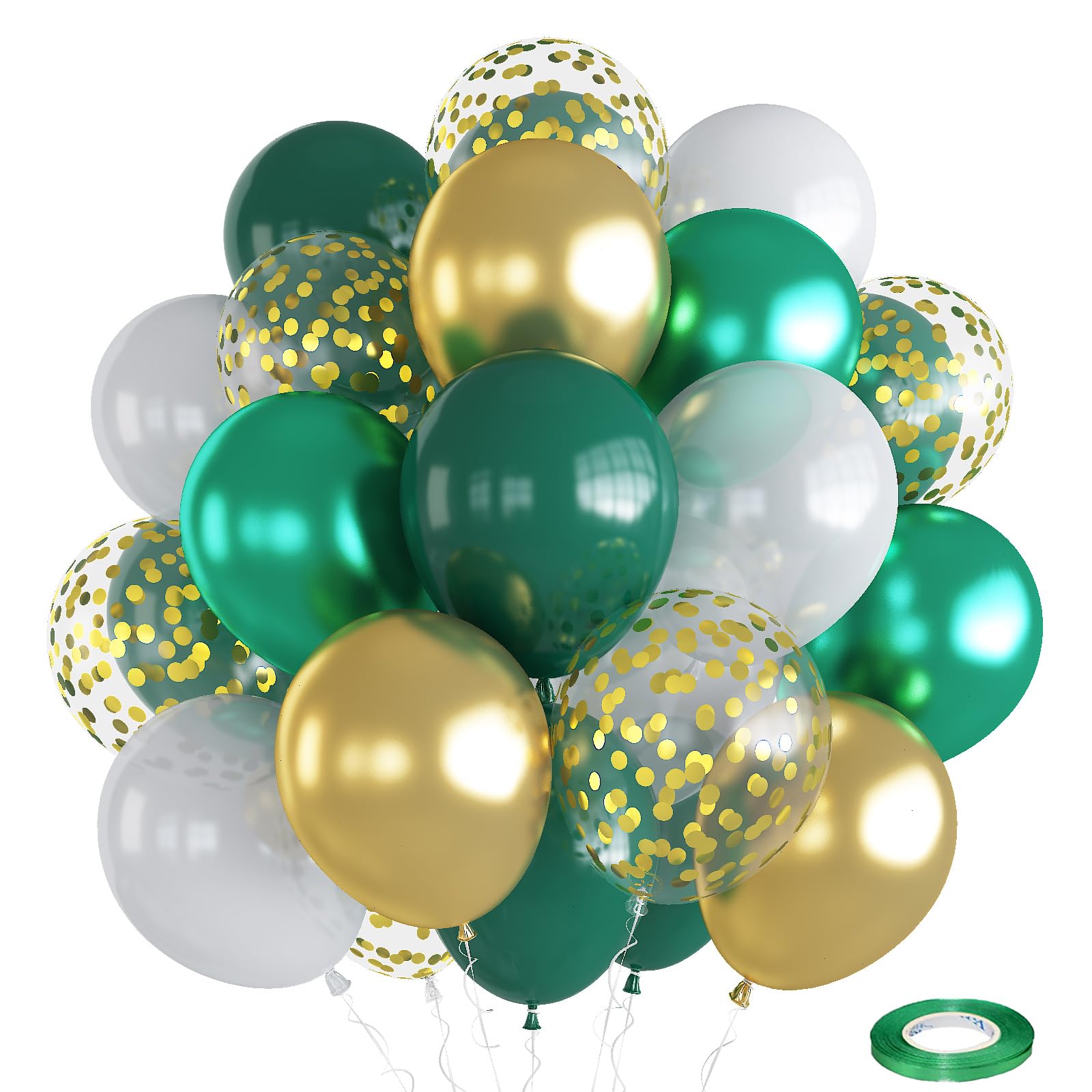 Green White Gold Balloons, 12 Inch Dark Green Metallic Chrome Green Gold Confetti White Latex Balloons, 35pcs Green Gold Party Balloons Decoration for Jungle Safari Dinosaur Birthday Party Baby Shower